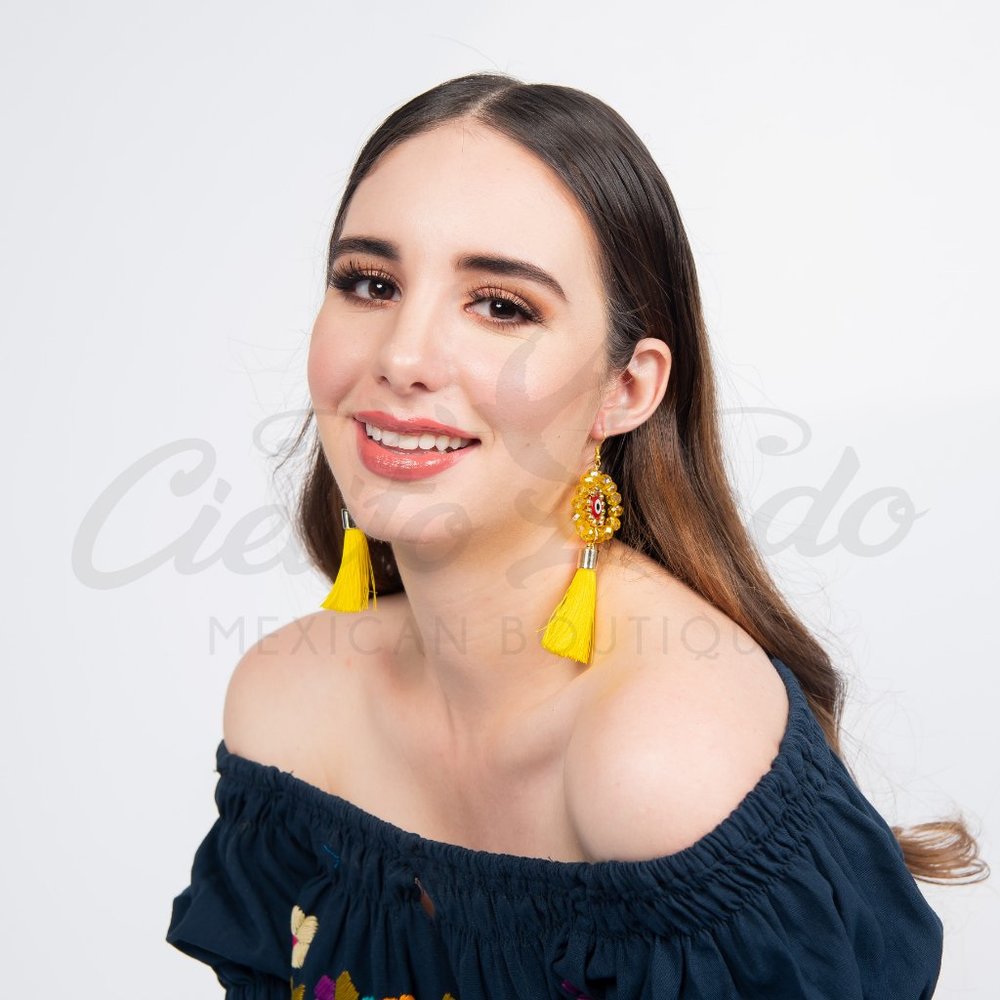 Evil Eye Earrings - Crystal Handmade Yellow Tassel